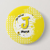 水色のヒマワリと蝶のような黄色 缶バッジ (正面)