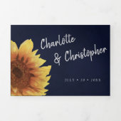 水色のヒマワリのネイビー結婚ブルー 三つ折り招待状 (カバー)