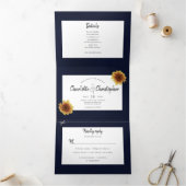 水色のヒマワリのネイビー結婚ブルー 三つ折り招待状 (内部)