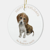 水色のビーグル子犬の幸せなpawlidays写真 セラミックオーナメント (左)