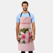 水色のピンクのハイビスカスの花 エプロン (着用した状態)