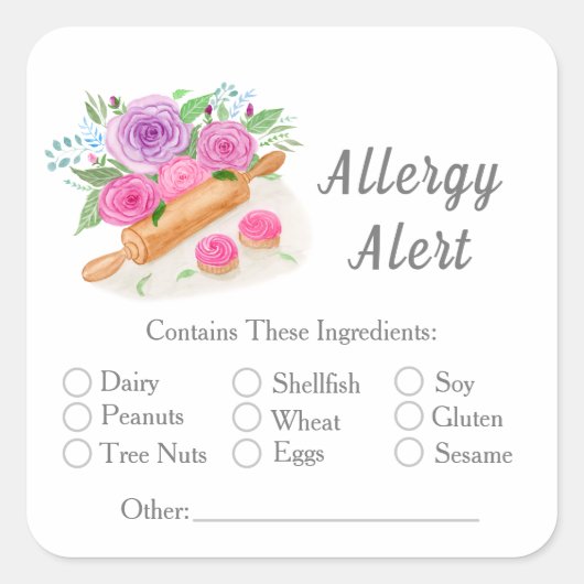 水色のピン転がバラパストリーアレルギー警告 スクエアシール (正面)