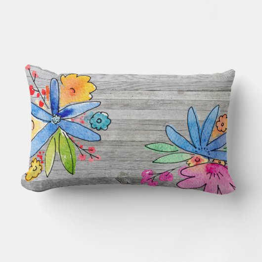水色のフローラブーケ灰色の木 ランバークッション (正面)