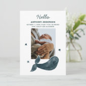 水色のブルークジラ。動物航海のベビー誕生 案内状 (スタンド正面)