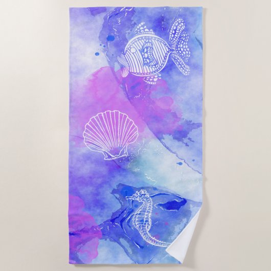 水色のブルースに浮かぶ水魚の海の海 ビーチタオル (正面)