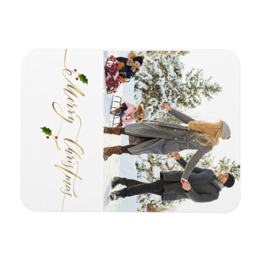 水色のベリー写真メリークリスマス マグネット (横)