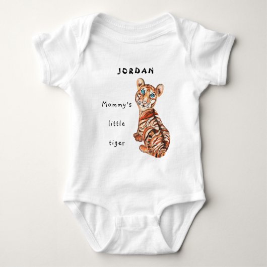 水色のママのかわいい小さな虎の青い目 ベビーボディスーツ (正面)