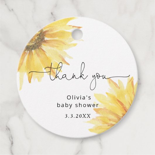 水色のミニマリストひまわり赤ちゃんシャワー フェイバータグ (正面)