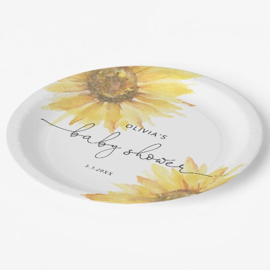 水色のミニマリストひまわり赤ちゃんシャワー ペーパープレート (アングル)