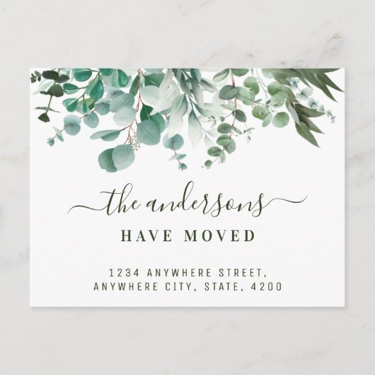 水色のユーカリ葉の家族が移動した 案内ポストカード (正面)