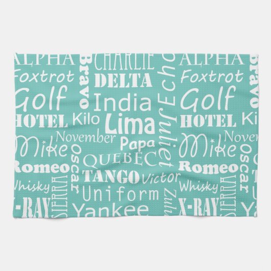 水色の上にアルファベットの語句が白い キッチンタオル (横)