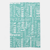 水色の上にアルファベットの語句が白い キッチンタオル (縦)