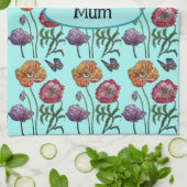 水色の上にシャビーなポピー赤い紫カスタマイズ可能な名前 キッチンタオル (折り畳み)