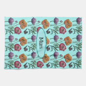 水色の上にシャビーなポピー赤い紫カスタマイズ可能な名前 キッチンタオル (横)