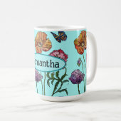 水色の上にシャビーなポピー赤い紫カスタマイズ可能な名前 コーヒーマグカップ (正面右)