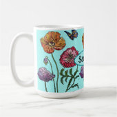 水色の上にシャビーなポピー赤い紫カスタマイズ可能な名前 コーヒーマグカップ (左)