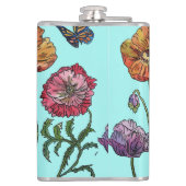 水色の上にシャビーなポピー赤い紫カスタマイズ可能な名前 フラスク (裏面)