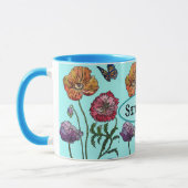 水色の上にシャビーなポピー赤い紫カスタマイズ可能な名前 マグカップ (左)