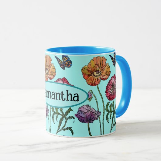 水色の上にシャビーなポピー赤い紫カスタマイズ可能な名前 マグカップ (正面右)