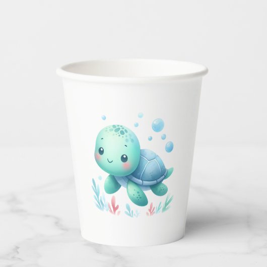 水色の亀の赤ちゃんシャワー 紙コップ (正面)