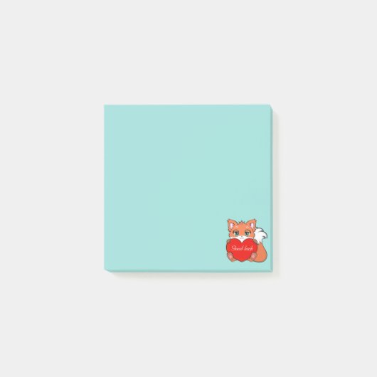 水色の付箋に描かれたキュートな子狐 ポストイット (正面)