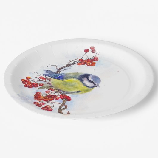 水色の冬のタイトマウスの鳥のイラストレーションブランチ ペーパープレート (アングル)