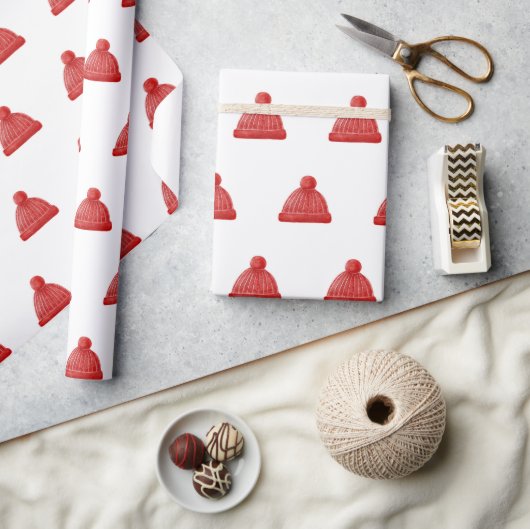 水色の冬の帽子のパターン。クリスマス休暇 ラッピングペーパー (クラフト)