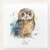 水色の可愛いフクロウ ガラスコースター (正面)