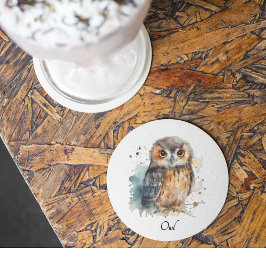 水色の可愛いフクロウ ガラスコースター