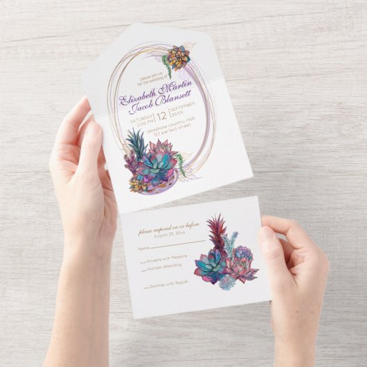 水色の多肉植物、ラベンダーすべて1つのInvita オールインワン招待状 (貼ってはがせる)