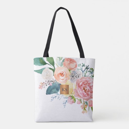 水色の大きな牡丹メタリックモノグラムの銅 トートバッグ (裏面)