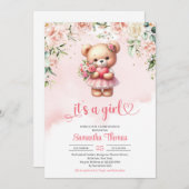 水色の女の子テディベアハートと花 招待状 (正面/裏面)
