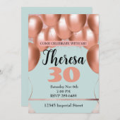 水色の女性の誕生日パーティーにピンク色の風船 招待状 (正面/裏面)