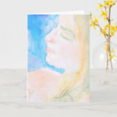 水色の女性ロマンチックな挨拶 カード (黄色い花)