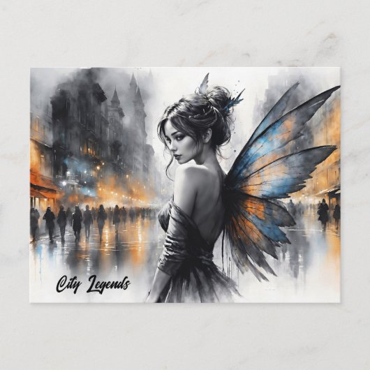 水色の妖精の女の子トワイライトマジカルナイトシティ ポストカード (正面)