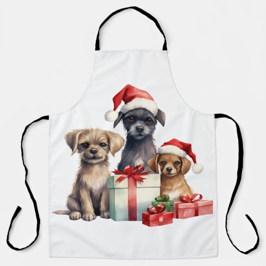 水色の子犬と贈り物 エプロン (正面)