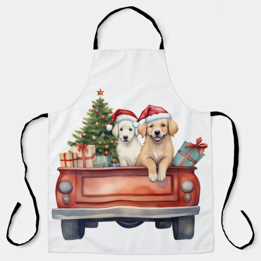 水色の子犬と贈り物 エプロン (正面)