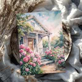 水色の居心地の良いホワイトハウスピンクの牡丹の庭 薄葉紙