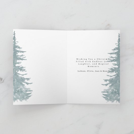 水色の常緑の森メリークリスマス シーズンカード (内部)