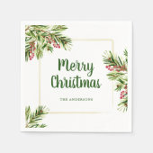 水色の常緑樹と果実クリスマスナプキン スタンダードカクテルナプキン (正面)