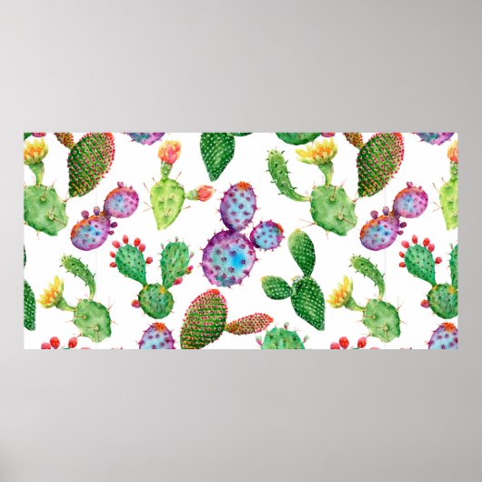水色の手の熱帯色彩の鮮やかのサボテン。シームレス ポスター (正面)