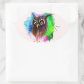 水色の木フクロウ 楕円形シール (バッグ)