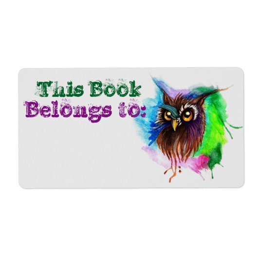 水色の木製フクロウのブックラベル ラベル (正面)
