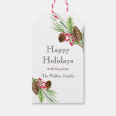 水色の松の木と松のコーンクリスマス ギフトタグ (正面)