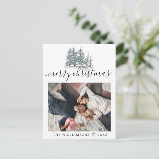水色の松の木の森クリスマス写真 シーズンポストカード (スタンド正面)