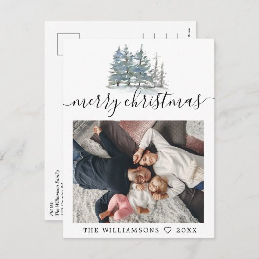 水色の松の木の森クリスマス写真 シーズンポストカード (正面/裏面)