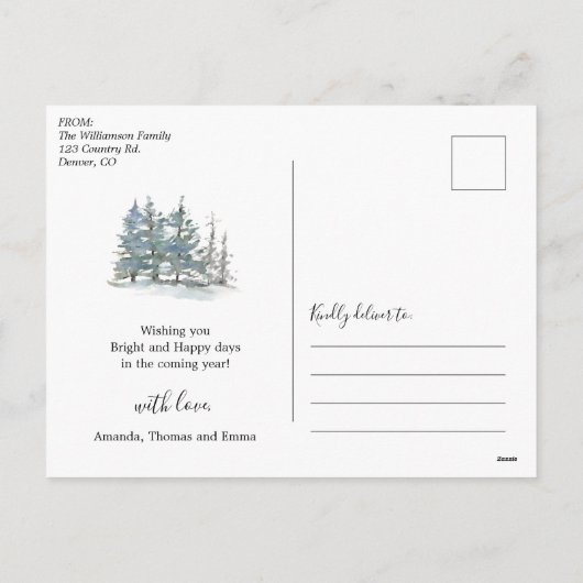 水色の松の木の森クリスマス写真 シーズンポストカード (裏面)