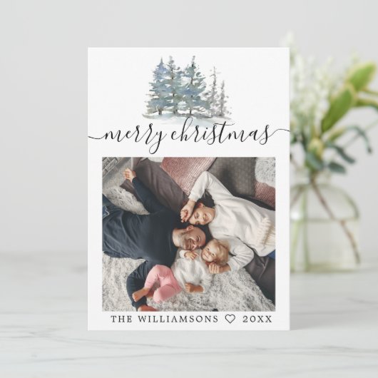水色の松の木の森クリスマス写真 案内状 (スタンド正面)