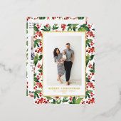 水色の果実と緑のクリスマスフォト 箔シーズンポストカード (正面/裏面)