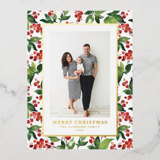 水色の果実と緑のクリスマスフォト 箔シーズンポストカード (正面)